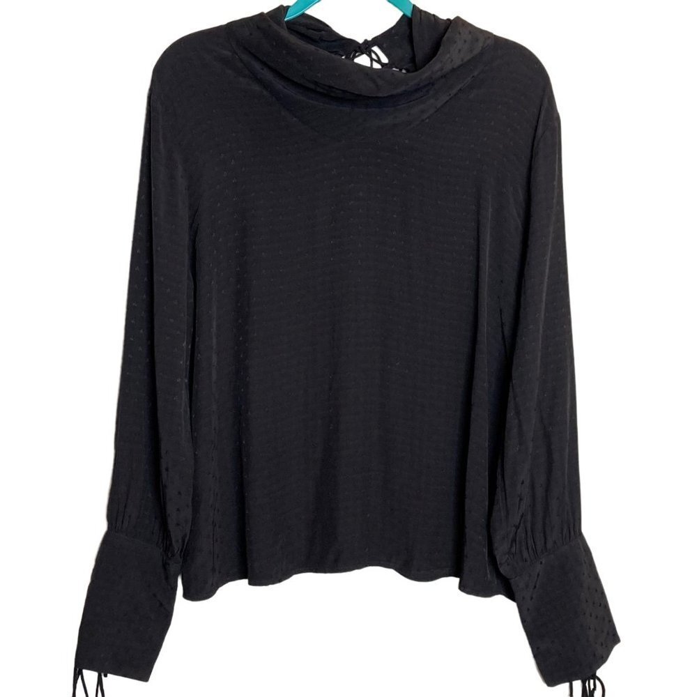 Zara Woman Black Cowl Neck Viscose Shirt Tie Sleeve Back Dot Viscose Career Sz S